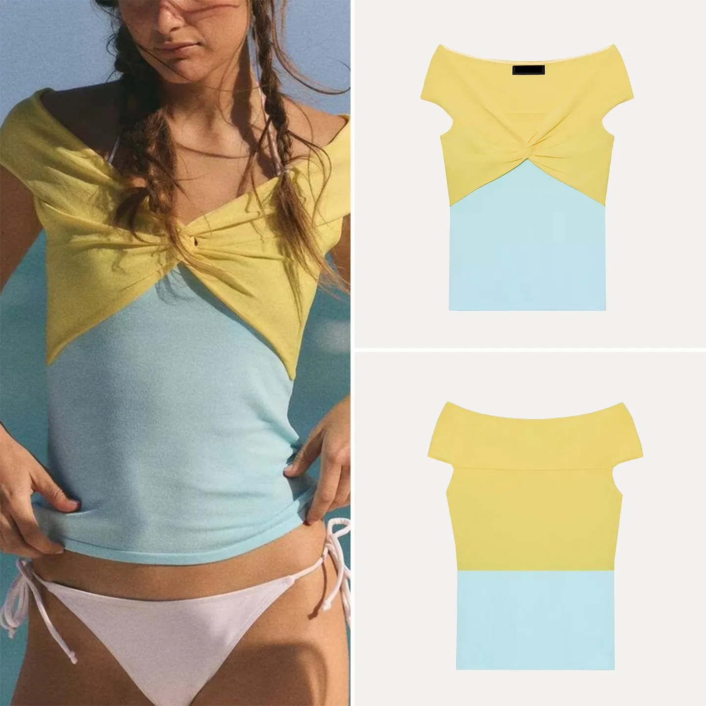 

Женская повседневная вязаная футболка с открытыми плечами, в стиле пэчворк, с цветовыми блоками, весна 2026, модная, на каждый день, с коротким рукавом