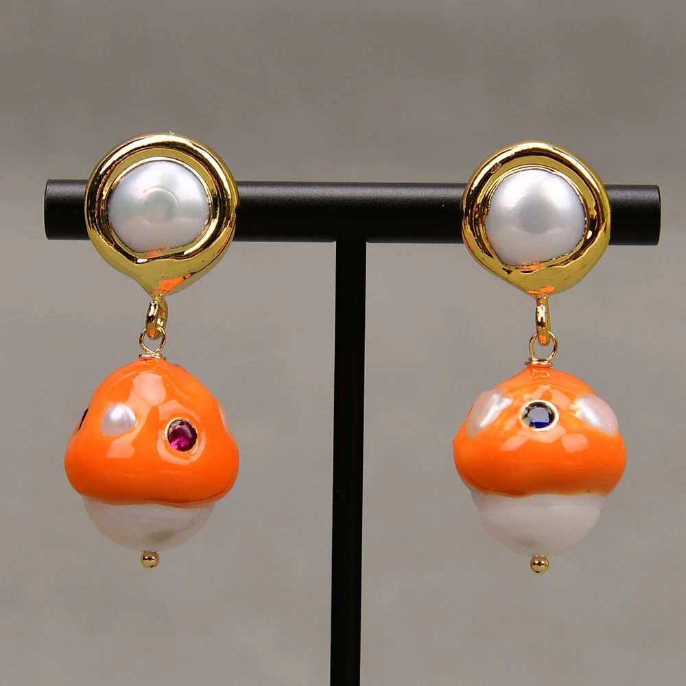 GG Natural White Keshi Pearl Paved Mix Color CZ zircon Orange Enamel craftsmanship Edge Gold Color Stud Dangle Earrings