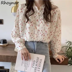 Vintage Floral Shirts Women Long-sleeve Autumn New Prairie Chic Loose Sweet Casual French Style Girls V-neck All-match Aesthetic