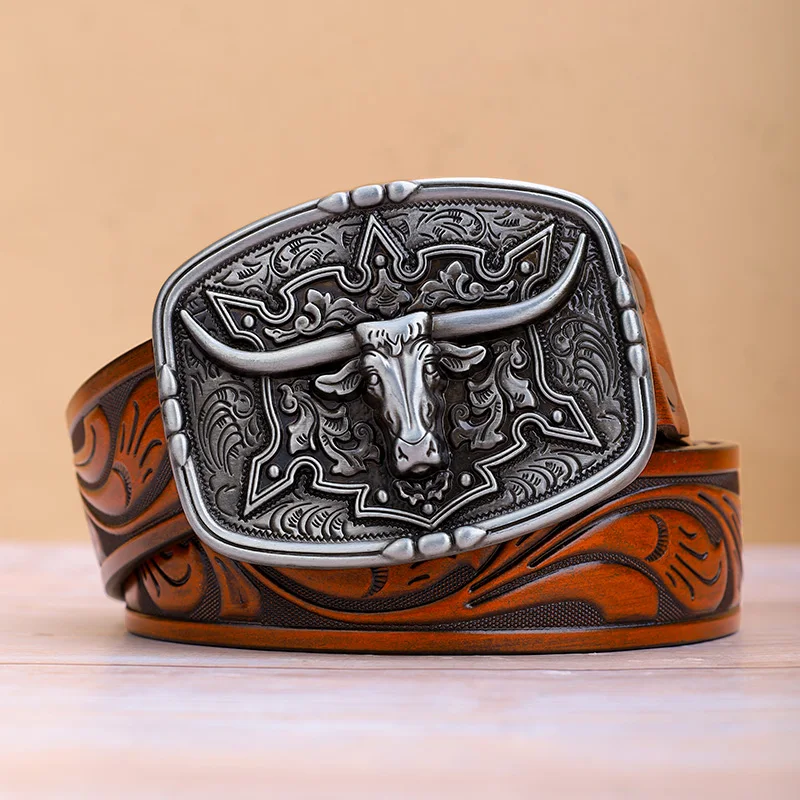 

Ретро-ремень в стиле вестерн с тисненым узором в виде бычьей головы, мужской, американский модный ковбойский ремень, подходит для джинсов/ботинок, унисекс, стильный.