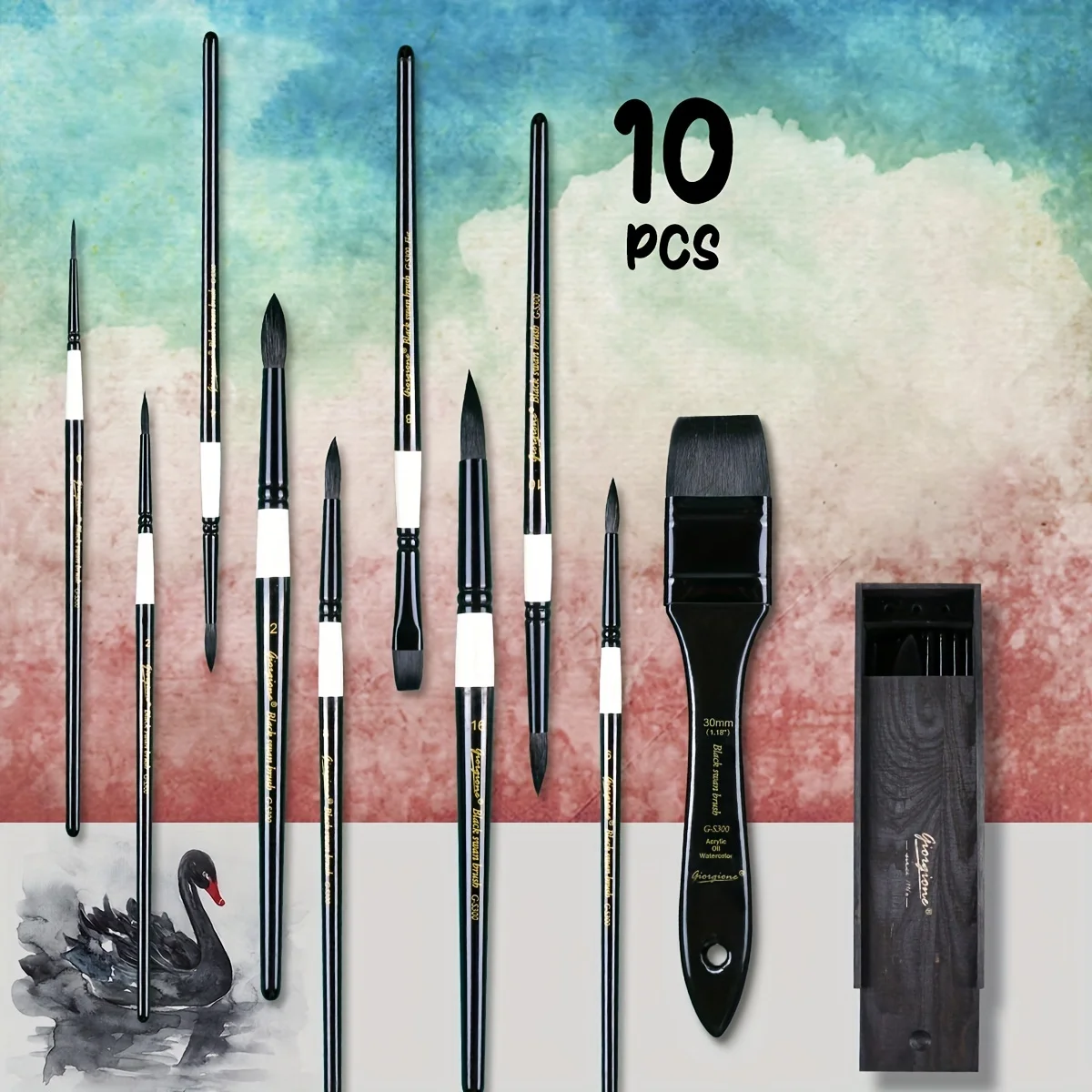 10Pcs Watercolor Brush Set Professional Paint Brushes for Artists，Mixed Hair Brush,Flats, Oval Wash for Water Color, Gouache ,Wooden box packaging