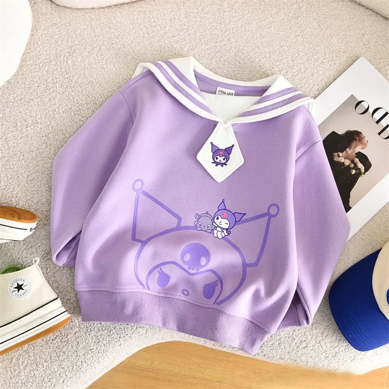 2024 New Autumn Sanrio Kuromi Navy Collar Sweatshirt For Girls Cartoon Kids MyMelody Cinnamoroll Long Sleeves Hoodies Costumes