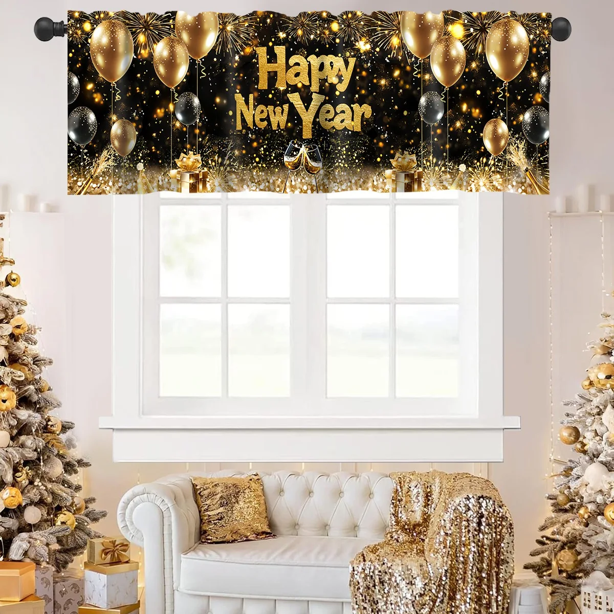 2026 سنة جديدة سعيدة ستائر قصيرة الستائر الألعاب النارية والبالونات علاجات النوافذ زينة السنة الجديدة للحمام المطبخ المنزلي #3