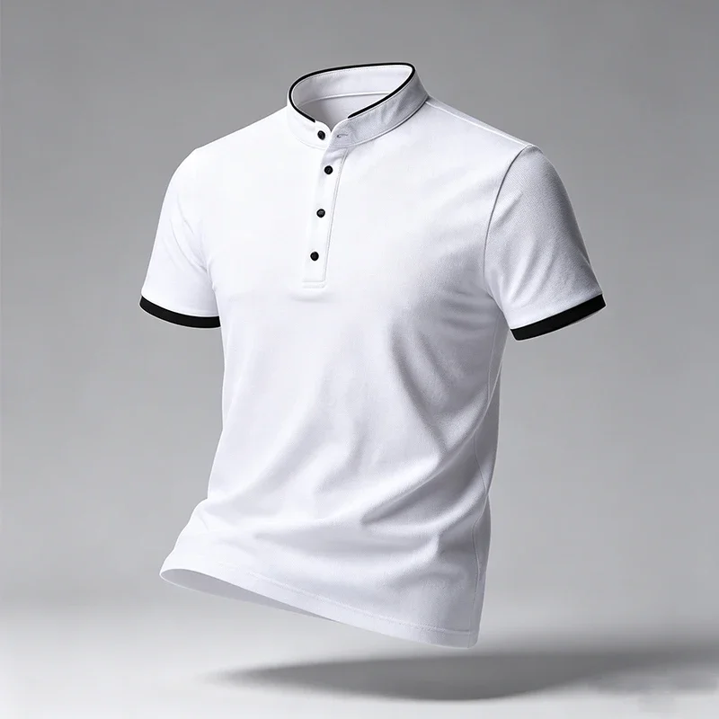 Men Stand Collar Short Sleeve Polo Shirt Button Placket Contrast Cuff For Urban Daily Commute Street Casual Summer Outfits