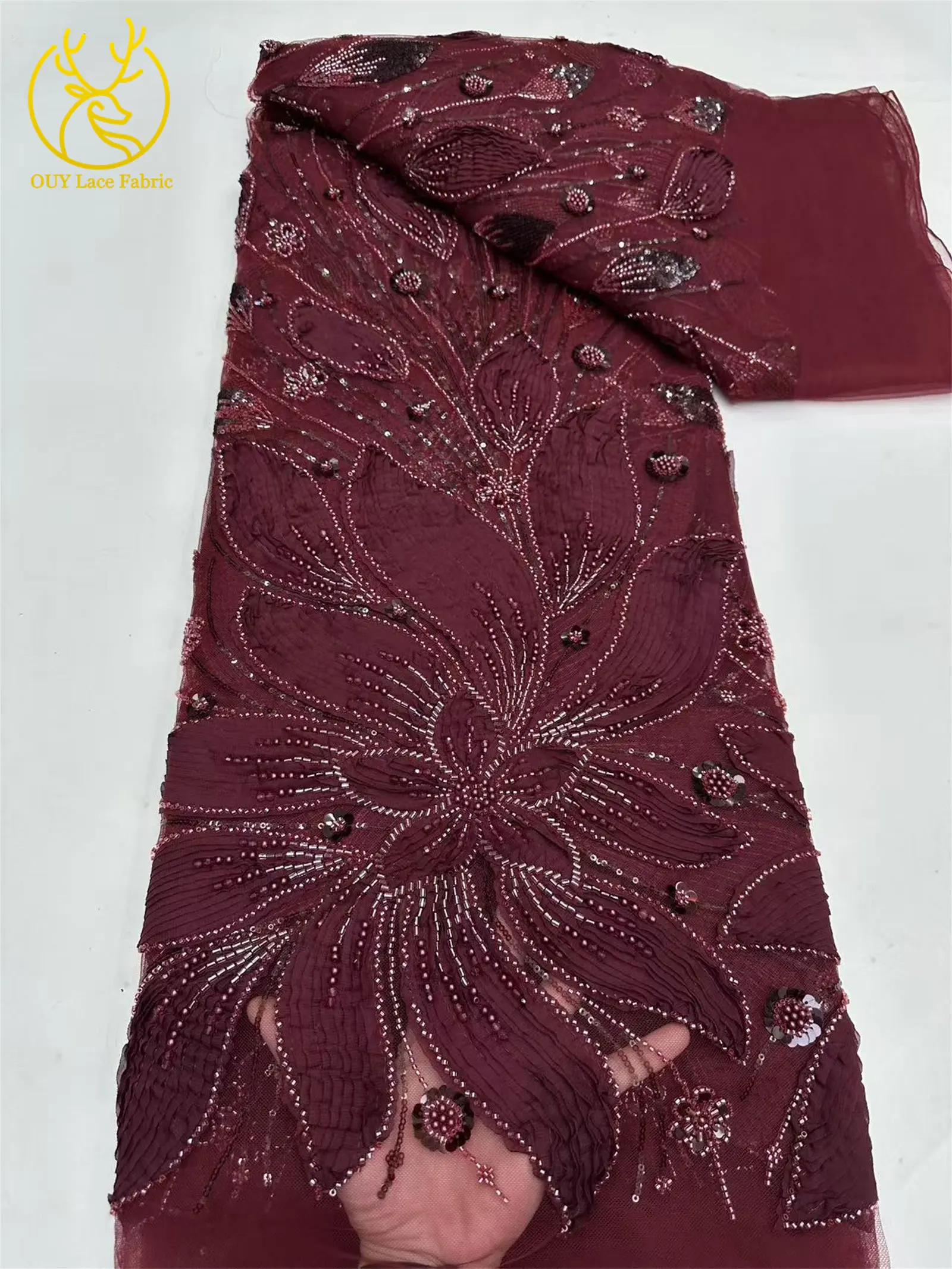 Africa 3D Flower Tulle Beaded Lace Fabric 2025 Latest Hot Sale French Party Nigerian Sequin Lace Fabric Wedding Dress Sewing