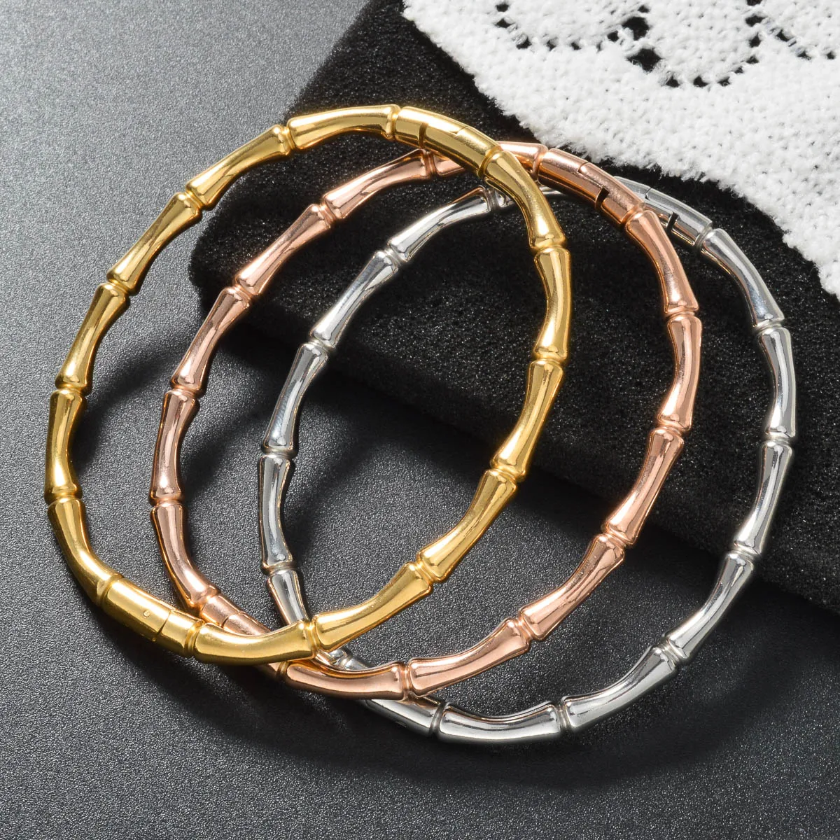 Women Bamboo Bangle Stainless Steel Waterproof Bracelet Minimalist Stackable Jewelry for Daily Dating Party Casual Wear