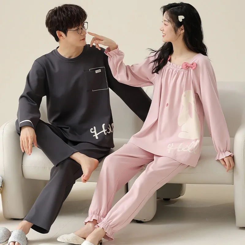 Korean Fashion Homewear Couple Cotton Long Sleeve Sleeping Top & Trouser Nightwear Wome Pyjamas Men Pijamas pijamas para parejas