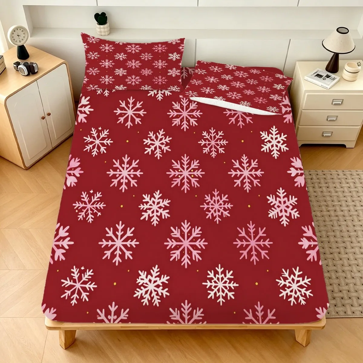Christmas-Themed Holiday Snowflake 2D Digital Print Three-Piece Bedding Set, Available in Various Sizes, Suitable as a Gift. Three-Piece Bedding Set (Includes 1 Fitted Sheet + 2 Pillowcases), Large Capacity Deep Bedding Set, Fitted Sheet Style, Elastic Cover, Mattress Protector, Fitted Sheet Type, Machine Washable Design, Holiday Decoration, Various Sizes, Breathable Protector with Pillowcase