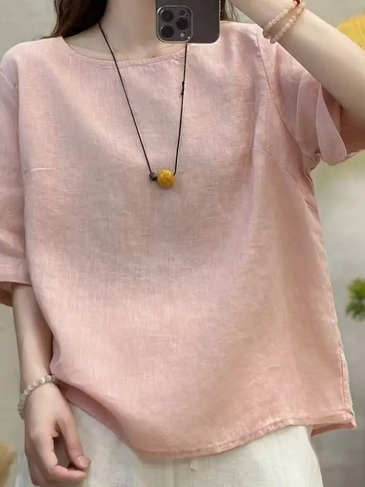 リネン オルト スヴェ ティルト ピュアカラー ウィーブ ルーズ スリミング トップ レディース アーティスティック シン イルト 通勤 スレ ラウンド ネ レギュラー L...