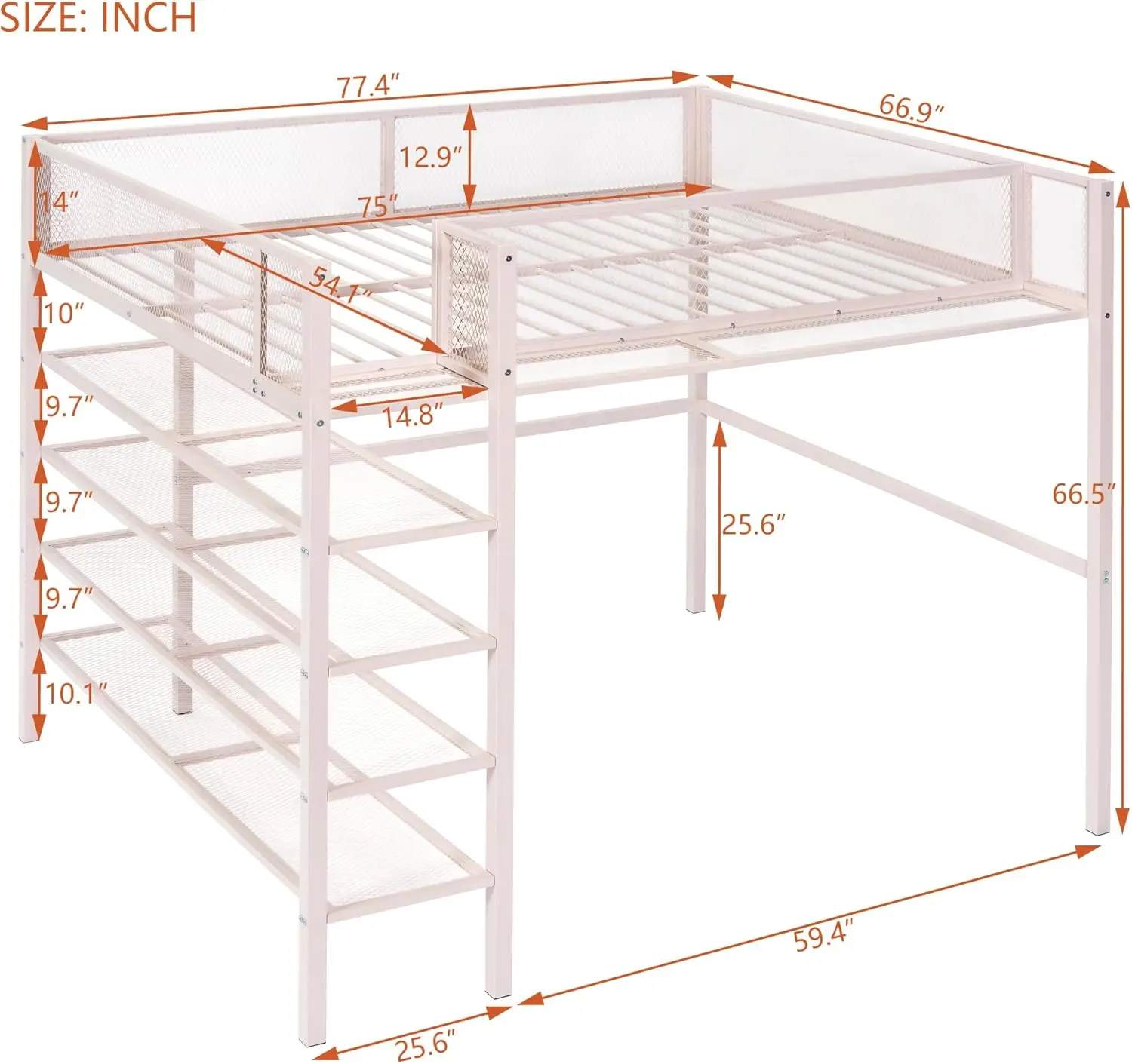 Bellemave Full Size Loft Bed With 4-Tier Shelves And Storage, Metal Loft Bed With Bookshelf, Full Size Loft Bed With Storage