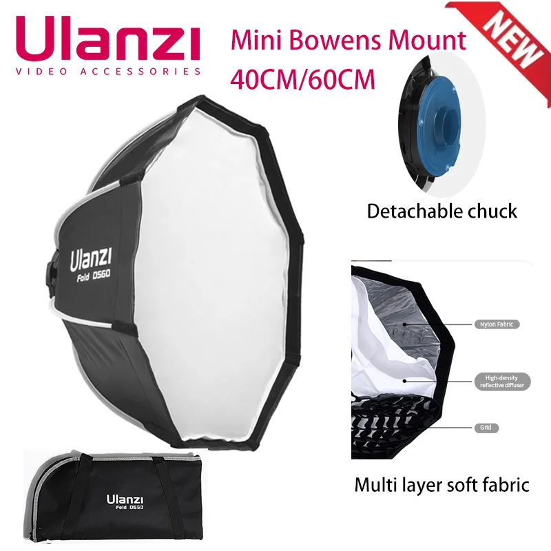 

Ulanzi LAS002 40cm 60cm Foldable Octagon Softbox with Mini Bowens Mount Honeycomb Grid Reflector Umbrella Softbox for FlashLight