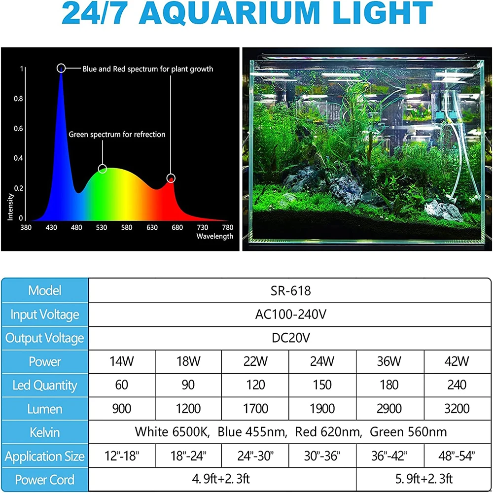 Imagem -06 - Auto on Off Aquarium Led Light com Temporizador Espectro Completo Luz do Tanque de Peixes para Plantas Aquáticas Nascer do Sol Lâmpada Rgb 60cm