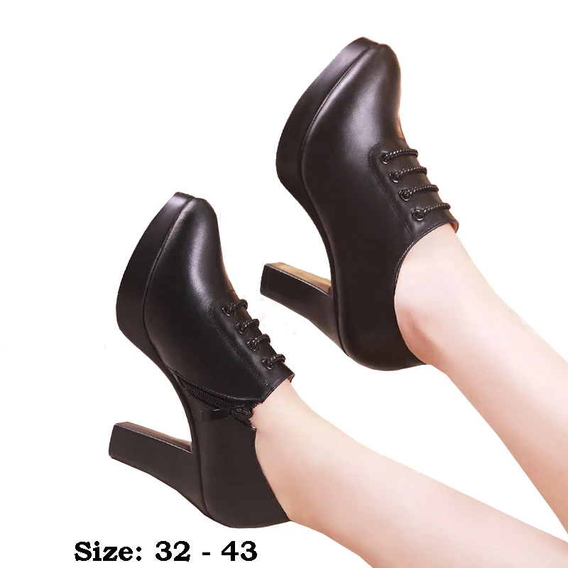 

high quality leather shoe for women 8cm 10cm high heel platform point toe 32 33 43 elegant and fashion autumn winter shoe black