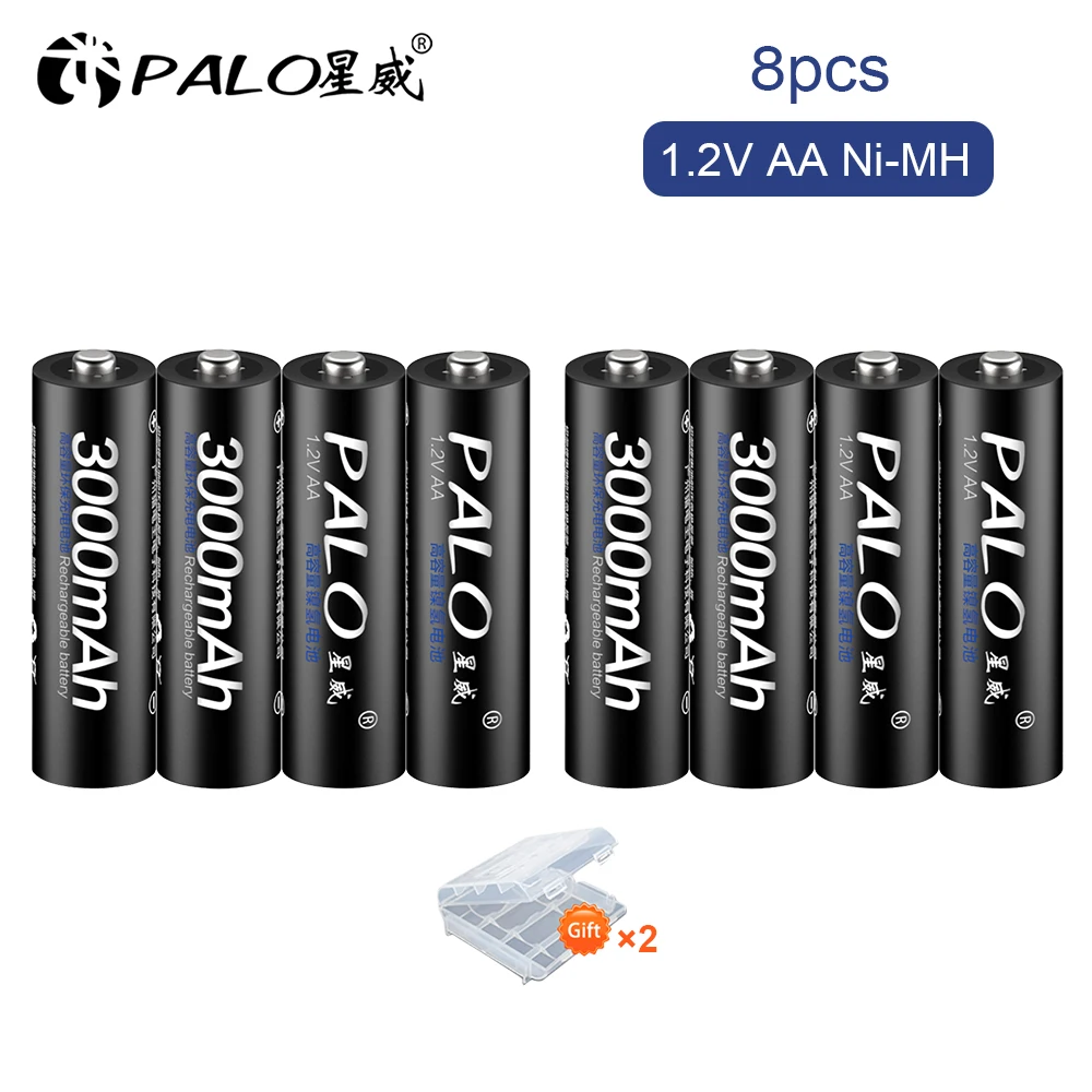 

8pcs PALO AA Rechargeable Battery NiMH 1.2V 3000mAh Ni-MH 2A Pre-charged Bateria low self discharge AA Batteries