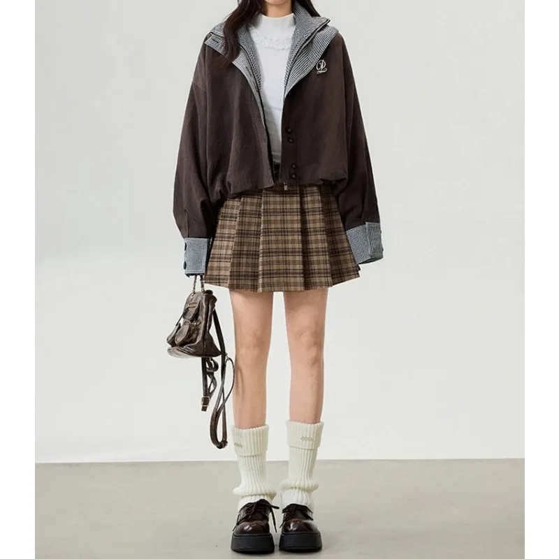 

Повседневная рабочая одежда кофейного цвета в корейском стиле для колледжа, куртка с двойным воротником и осенне-зимний комплект юбки