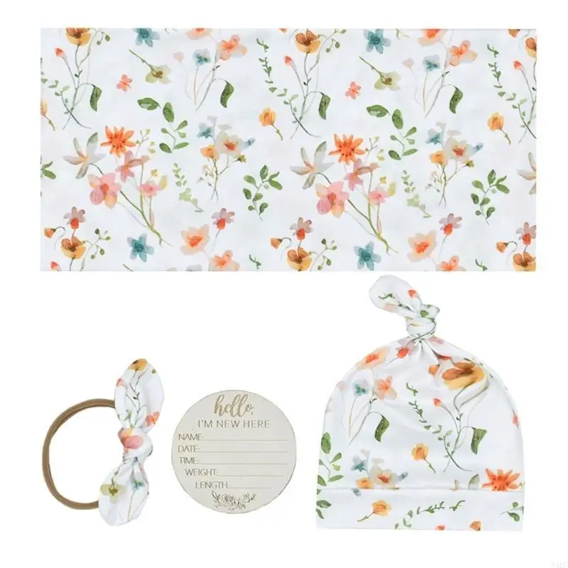54DF 4Pcs Print Infant Hat Hairband Baby Swaddles Blanket Adjustable Newborn Headwear Breathable Hat with Monthly Card