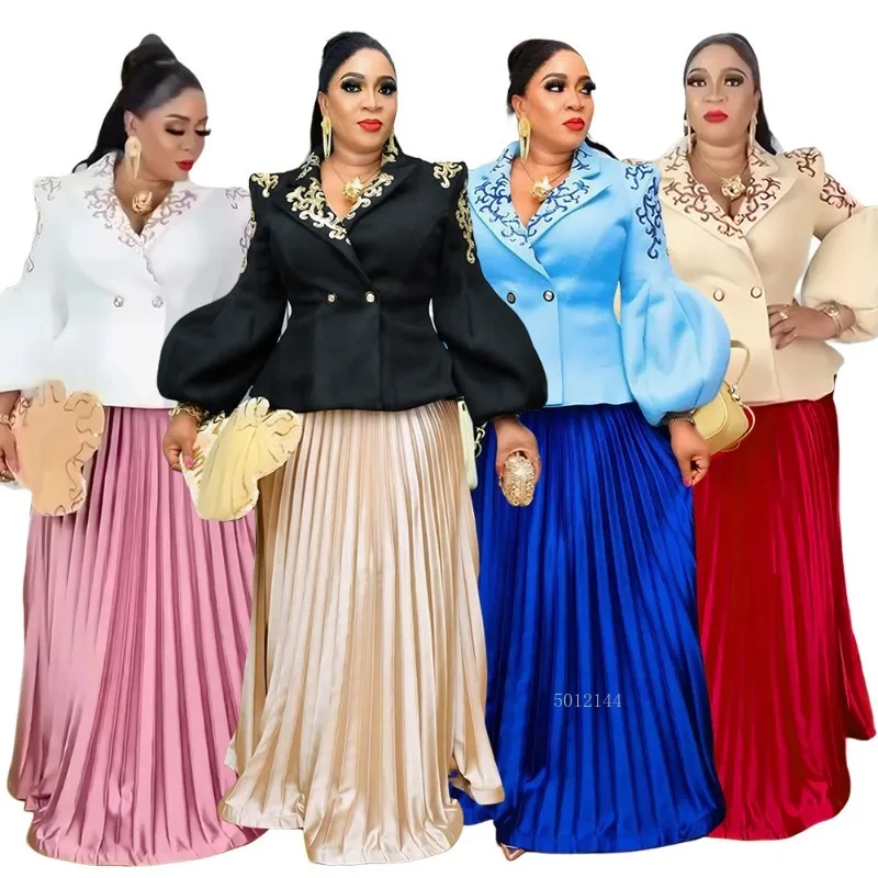 فستان أفريقي للمرأة سترة مطرزة بأكمام منتفخة فستان ماكسي مطوي أنيق لحفلات الزفاف مقاس كبير ملابس أفريقيا