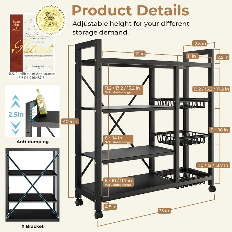 Storage Shelves, Adjustable 4-Tier Kitchen Shelves with 3 Wire Baskets, Kitchen Organizers and Storage, Metal Shelf Rack