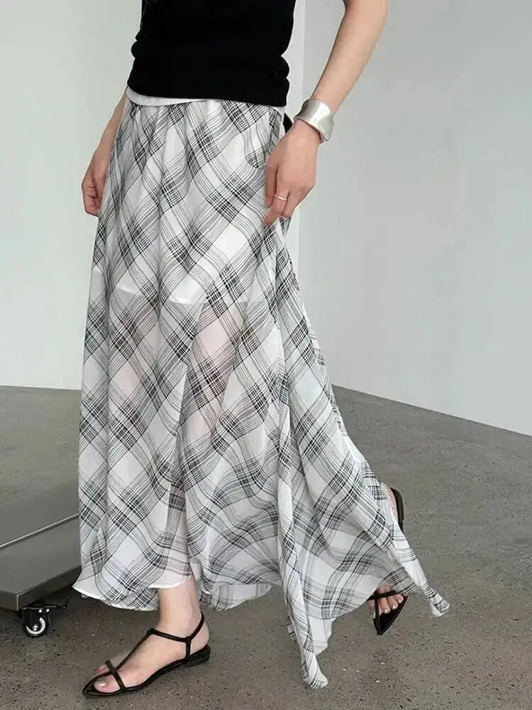 

High Elastic Waist Black Plaid Irregular Perspective Half-body Skirt Women Fashion Tide New Spring Autumn
