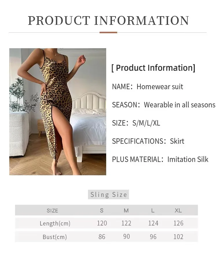 Sexy Leopard Backless Dress Summer Women Sleepwear Long Spaghetti Strap Dress High Split Home Dressing Gown Nightwear