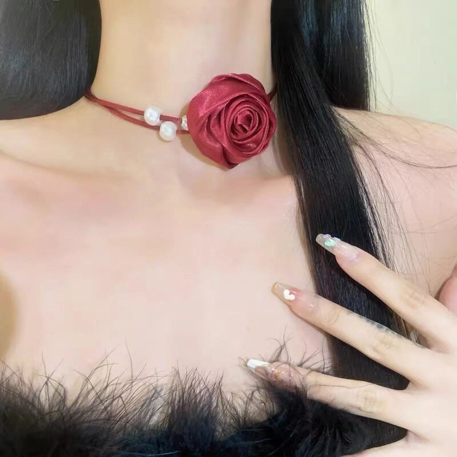 Choker Black Flower Wine Red Rose Pendant Vintage Durable Adjustable Lightweight Alloy Chain for Women Casual Evening