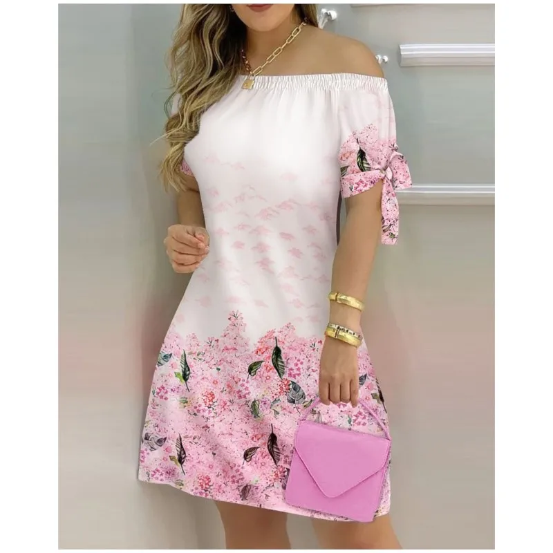 New Fashionable And Sexy Women's Printed Dress, Women's One Neck Pullover Short Sleeved Mid Waist Slim Fit Princess Dress 2024