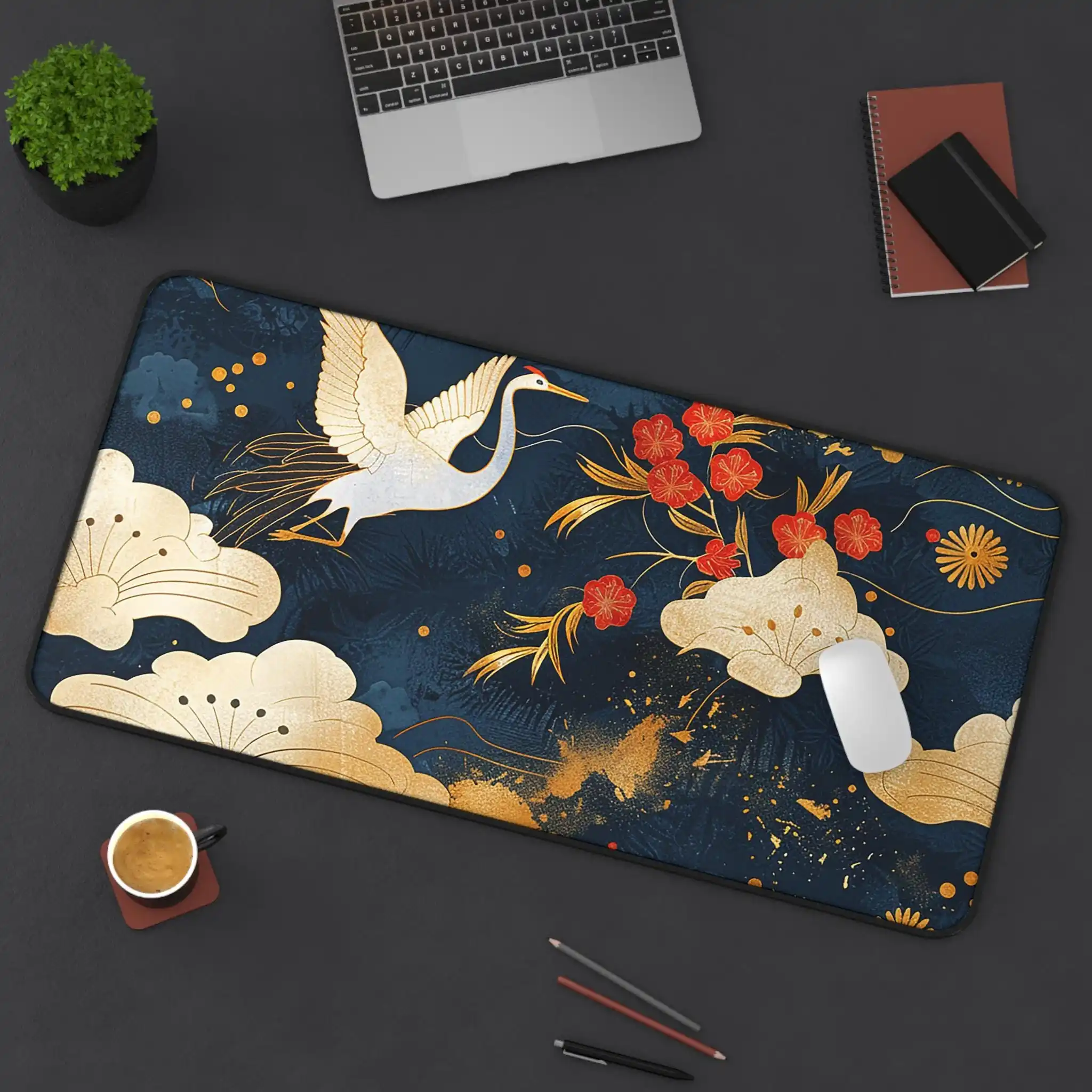 

Japanese Crane Pattern Art Deskmat,navy Blue Deskmat,suitable for Home and Office,Asian Crane Pattern Design,gift for Bird Lover
