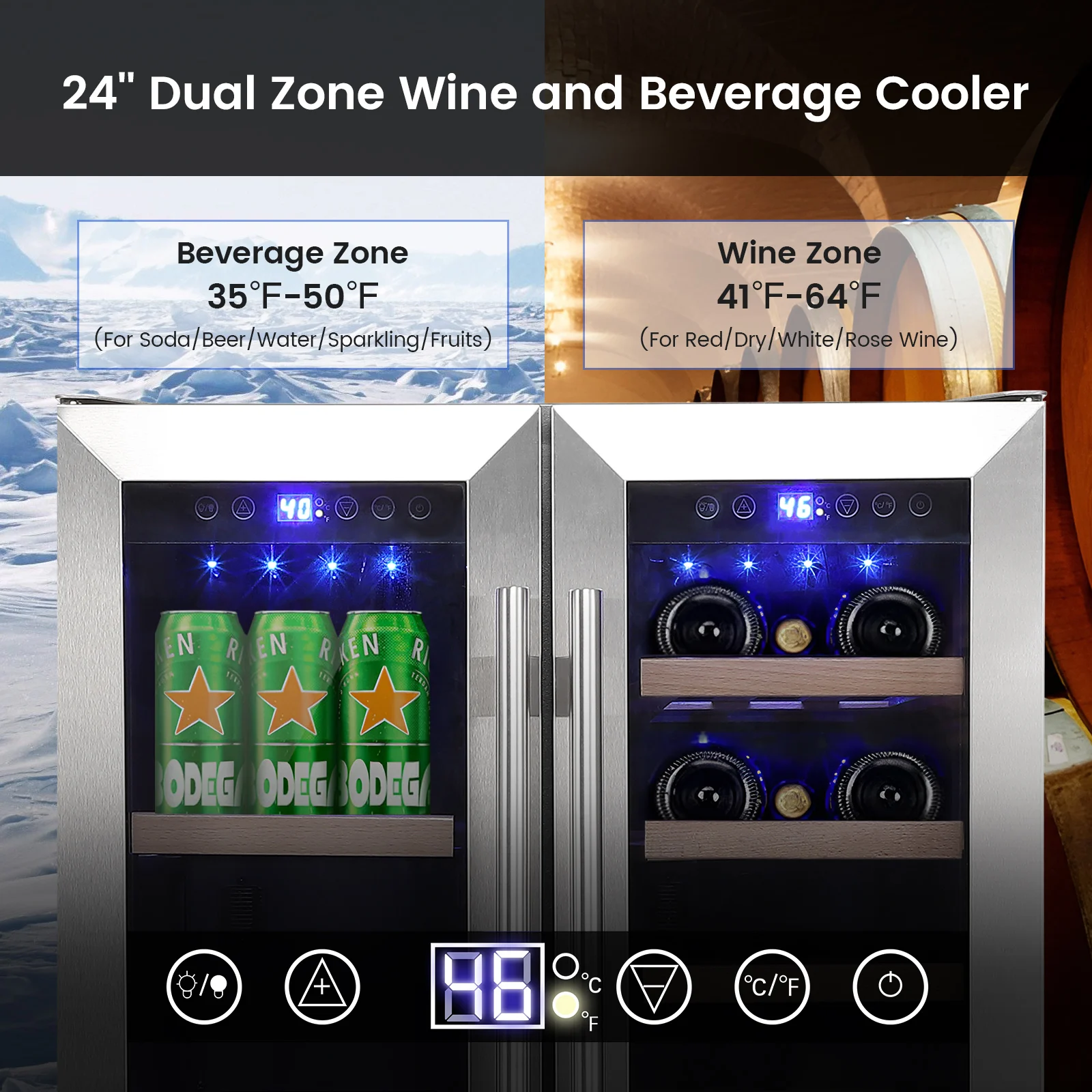 Wine and Beverage Refrigerator 24 Inch Dual Zone Wine Cooler with 40 Bottles Wine Capacity, 120L Built-in and Freestanding