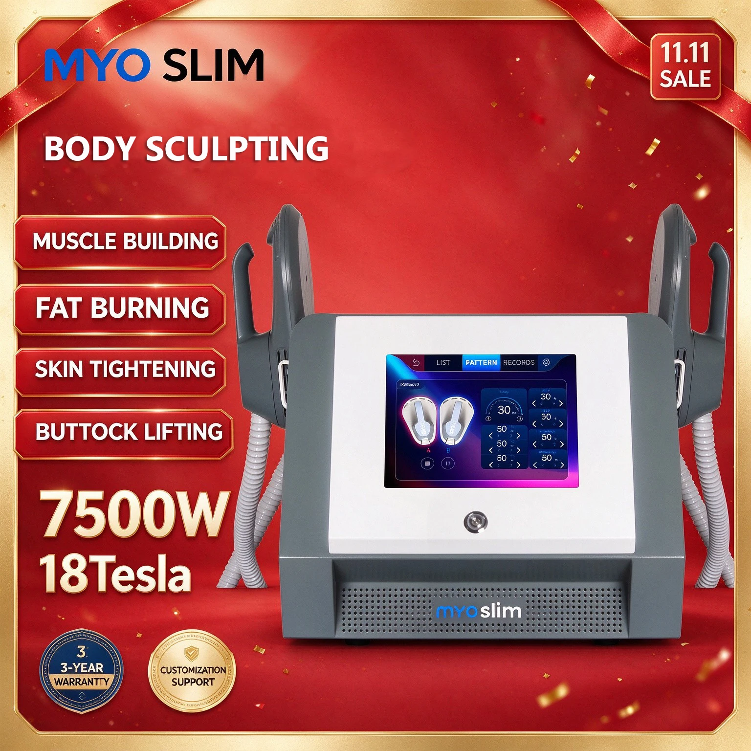 Myoslim New 7500W 18Tesla EMS Muscle Stimulator Devices RF Lose Weight Fast Professionalism Body Sculpting Massager Machine