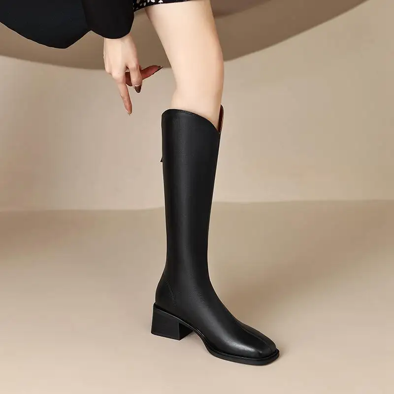 Krazing Pot Wool Cow Leather Square Toe Thick High Heels Snow Boots Stay Warm Fur Thin Leg Simple Style Zipper Thigh High Boots