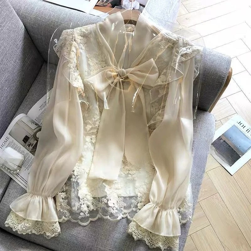 

Korean Lace Patchwork 2025 Early Autumn New Chiffon Shirts & Blouses Sweet Bow All-match Blusa De Mujer Tops Рубашка