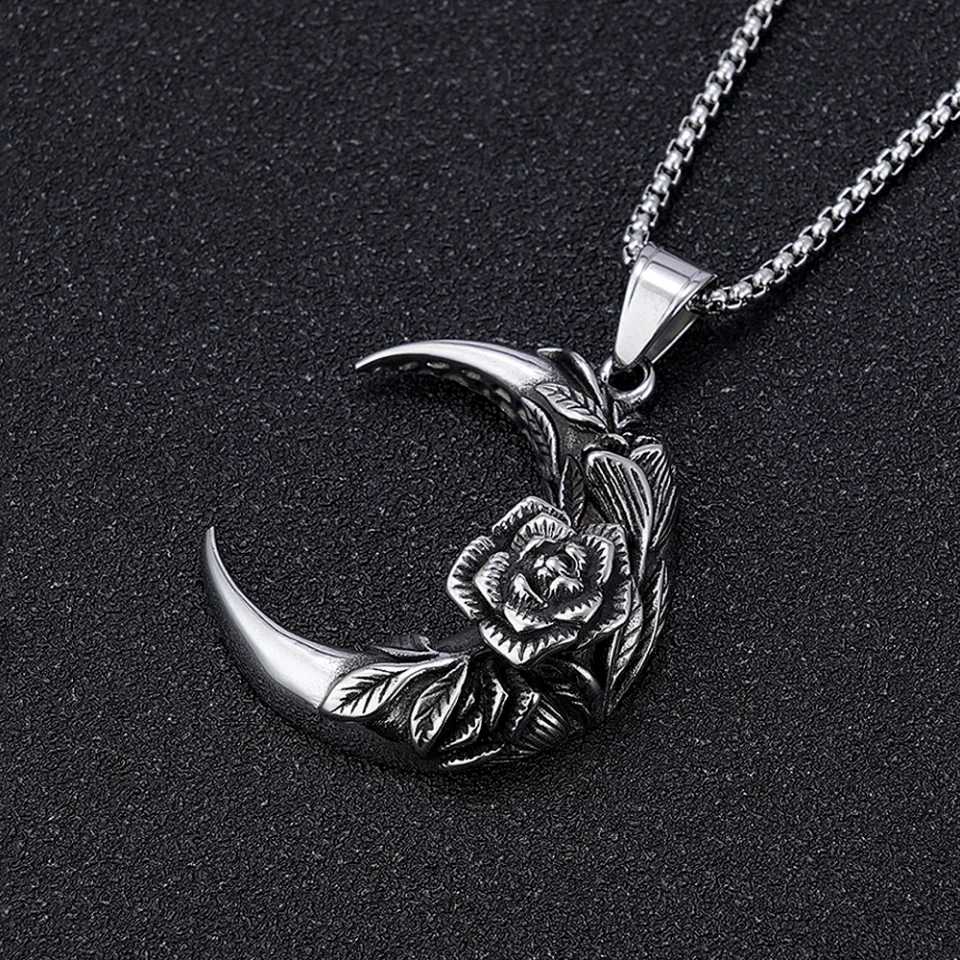 Fashion Vintage Moon Pendant Necklaces Punk Men's Women's 316L Stainless Steel Rose Necklace Creative Jewelry Gifts Dropshipping