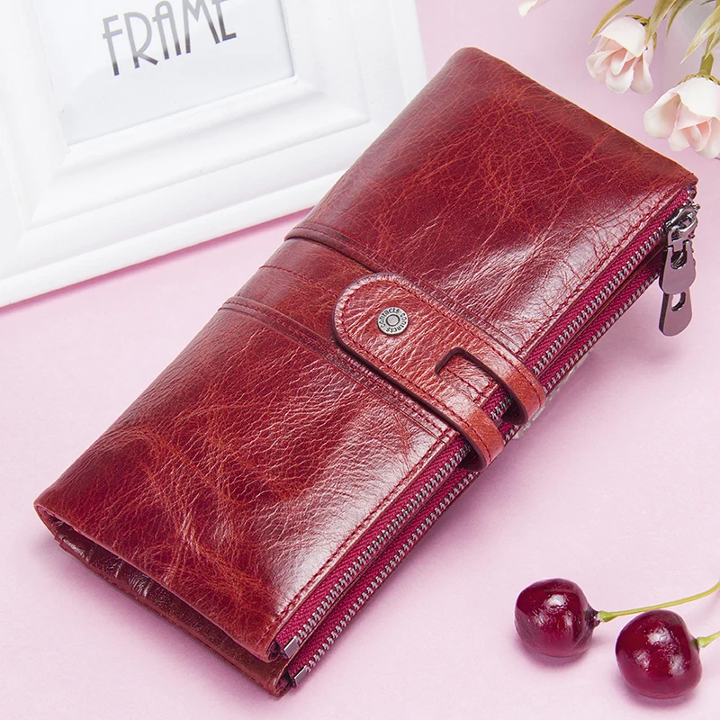 CONTACT'S Women Clutch Wallet Genuine Leather Purse Long Wallet Hasp Card Holder Handbag Zipper Coin Purse Money Bag