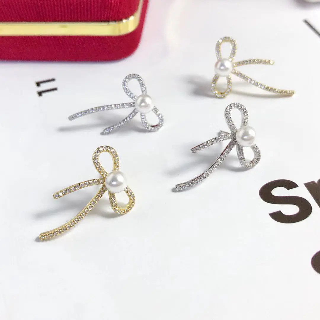 Bow Knot S925 Sterling Silver Earrings Mount Findings Settings Base Mounting Parts Accessory for 4-5mm Pearls 5 pairs/lot