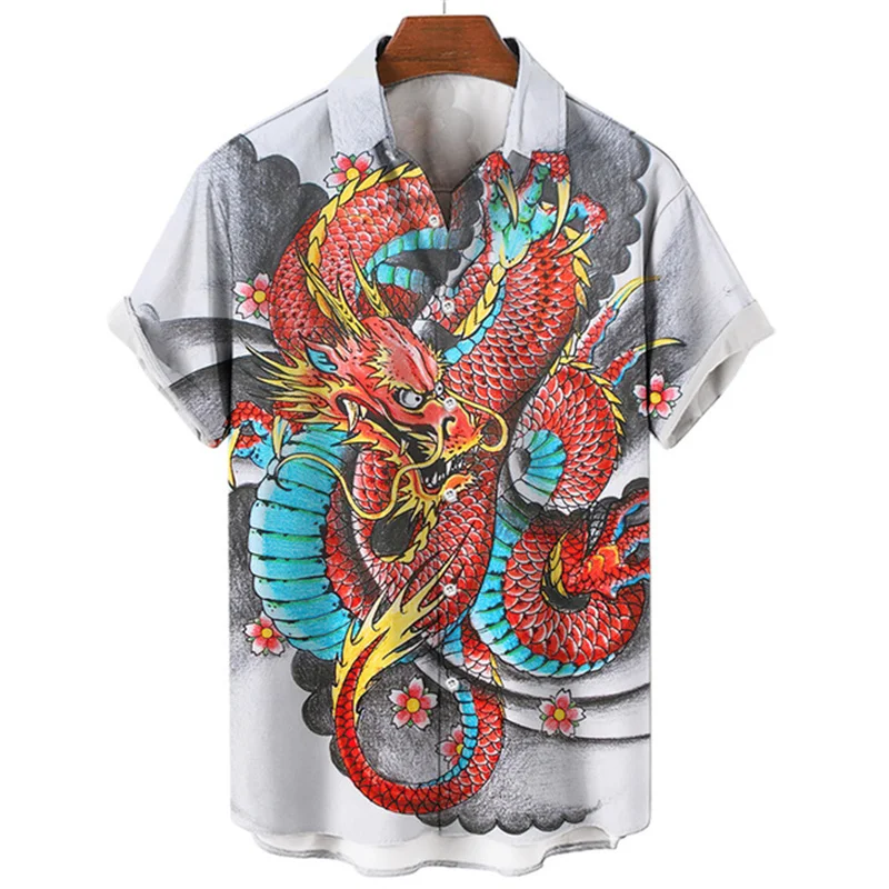 Summer Men\'s Dragon Pattern Element Shirt Social Casual Vintage Hawaiian Shirt 2023 New Oversize Short Sleeve Street Clothing