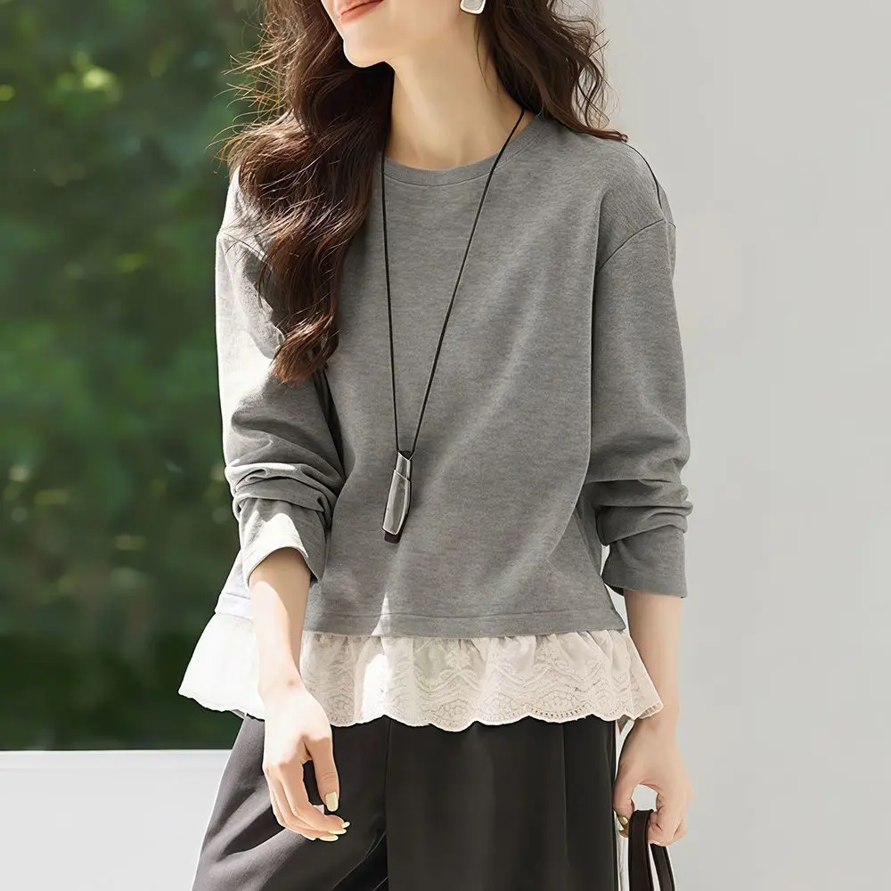 Women Lace Sweatshirt Long Sleeve Loose Casual Korean Aesthetic Layered Look Spring Autumn Top