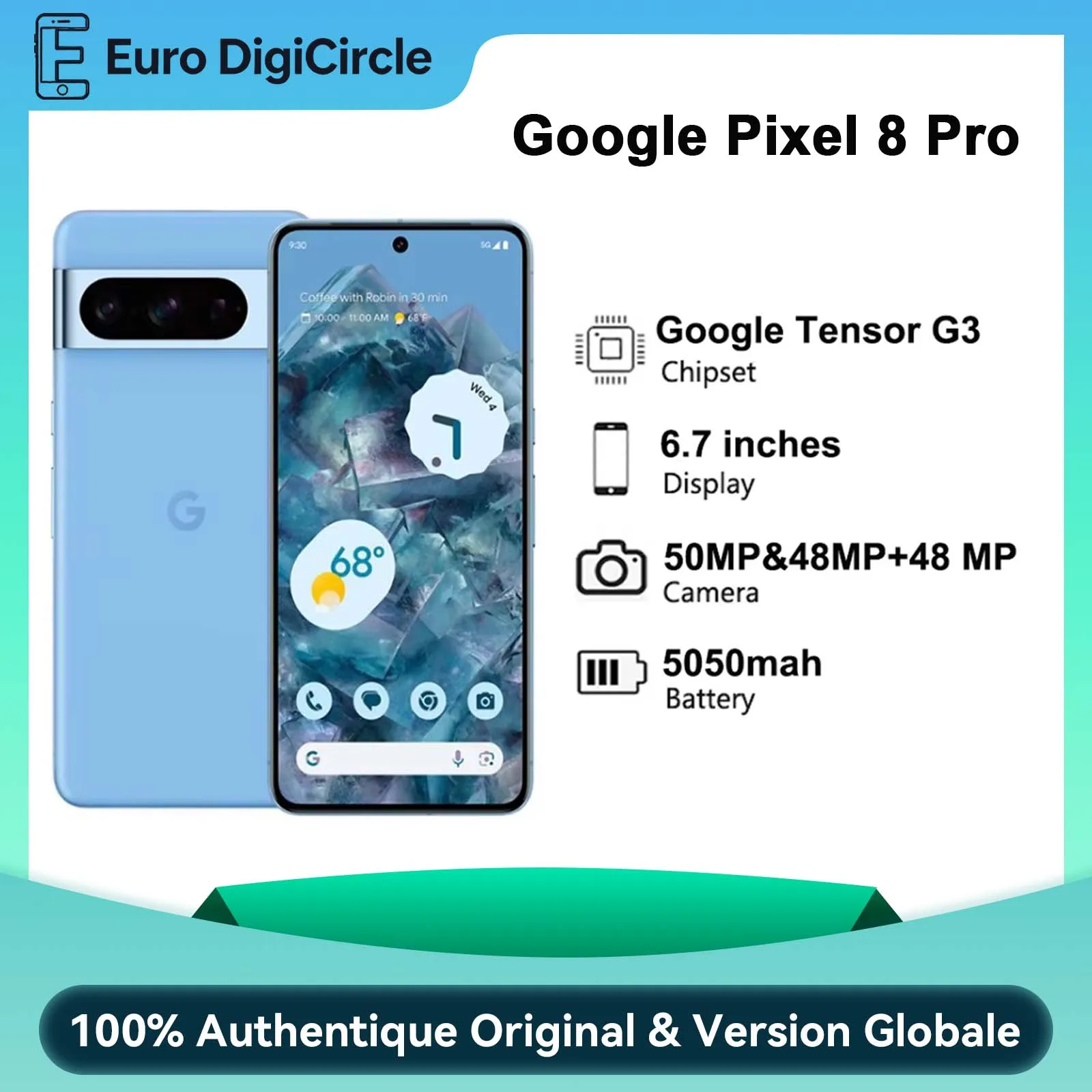 Google Pixel 8 Pro, Google Tensor G3, 6.7, 50 MP y 48 MP, OLED 120Hz, IP68/resistente al agua, 5050 mAh, 5G