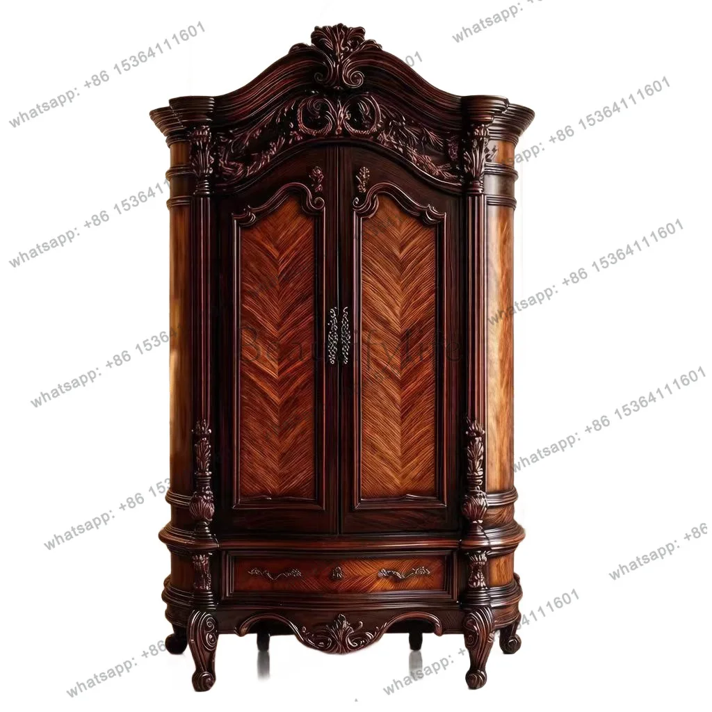 American rural full solid wood carving flower four doors double door wardrobe retro storage high-end hanging wardrobe
