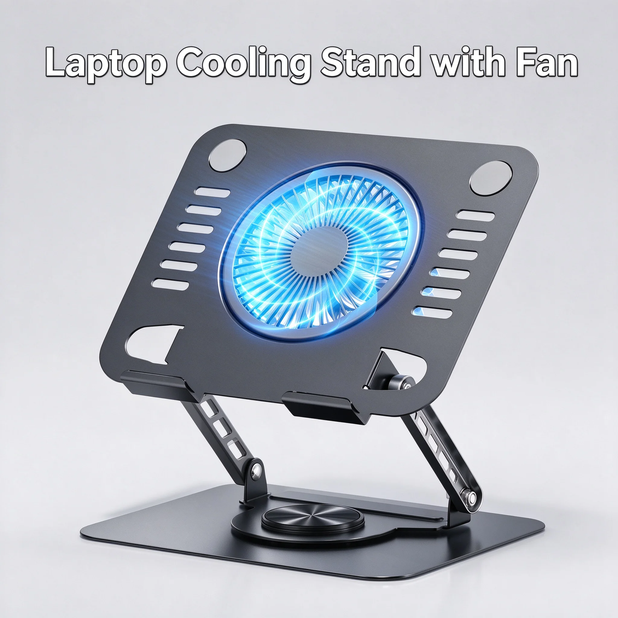 All Metal Laptop Stand with Cooling Fan, Foldable Rotating Height Lift Ergonomic Computer Tablet Holder for MacBook Air Pro iPad