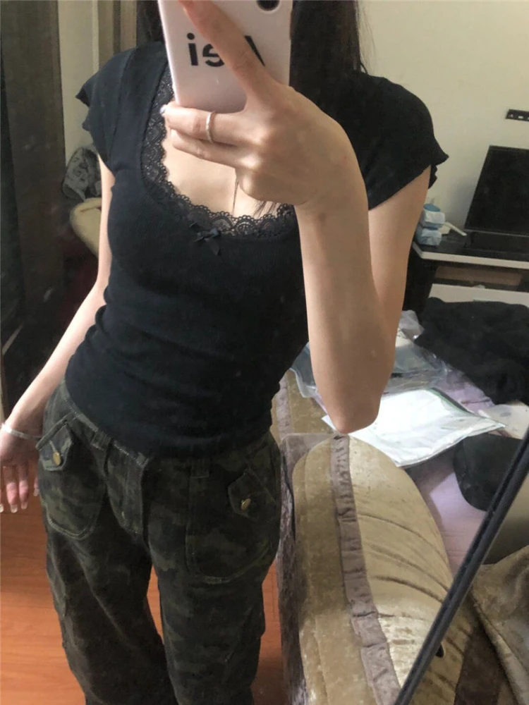 2025 Y2k Aesthetic Lace Patchwork Crop Top Streetwear Harajuku Women Vintage U Neck T-shirt Streetwear Bow Bottoming Grunge Tees image 2