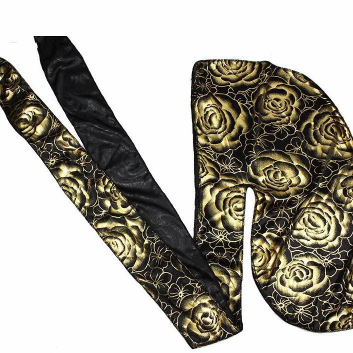 Custom Men's Print Silky Durags Turban Hat Bandanas Headwear Rose Printed Men Silk Durag Long Straps Waves Hair Accessories