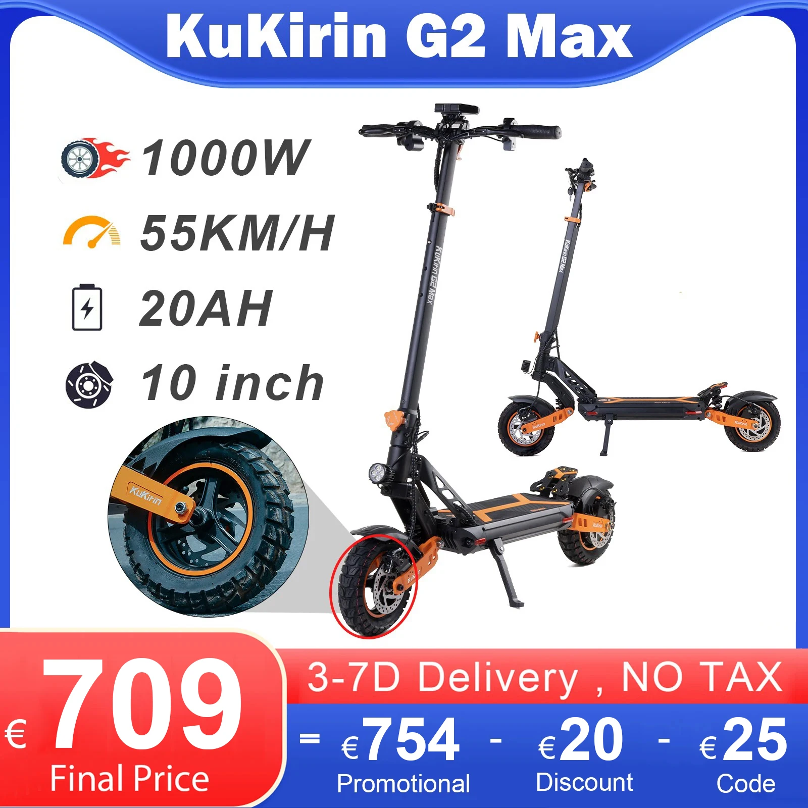 KuKirin G2Max 1000W Adults Electric Scooter 20AH Large Capacity 80KM Max Range Portable Escooter with 55KM/H 10