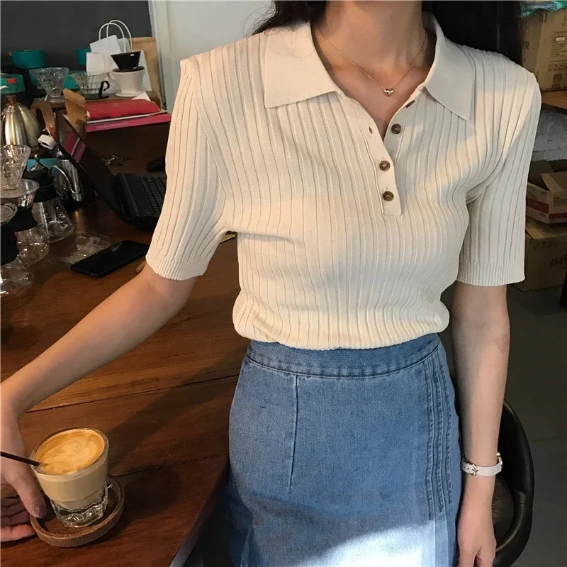 Korean Style Korean 2024 Women Elegant And Casual Polo Plunge Neck Short Sleeve Knitted Shirt Crop Tops