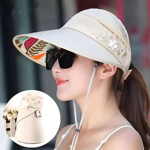 Imagen 2 del producto Sombreros de sol de playa de verano para mujer, visera de sol empaquetable de perlas con cabezas grandes, ala ancha, protección UV, simple, nuevo