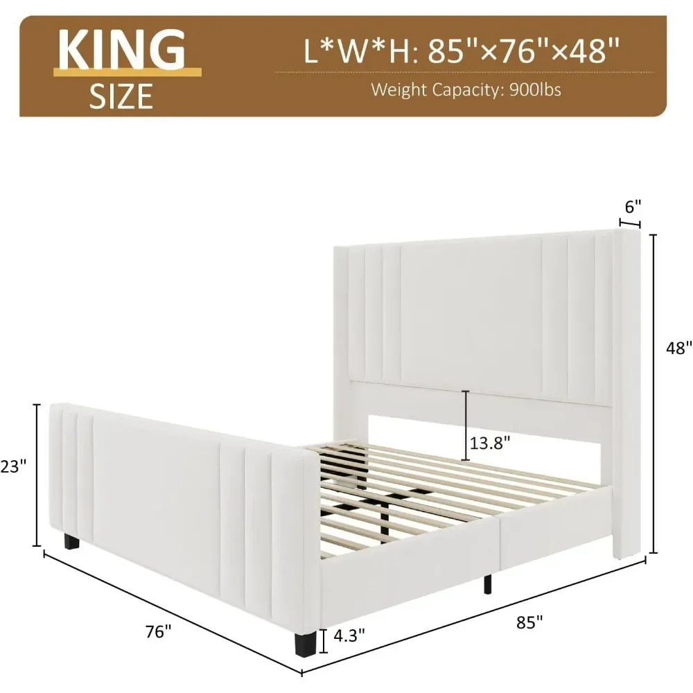 King Size Platform Bed Frame, Upholstered Beds with Vertical Channel Tufted Wingback Headboard & Footboard, Premium Velvet, Bed