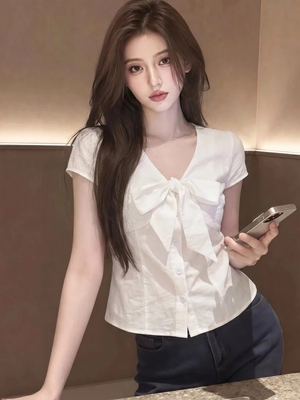 

Summer New Style Women's Short Sleeve V-neck Knot White Shirt Sweet Spicy Small Top Loose Fit Commute Fashion