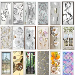 Modern Door Sticker Simulate Glass Pattern Geometric Self Adhesive Flower Wall Sticker Waterproof Washing Room Home Decor Decal