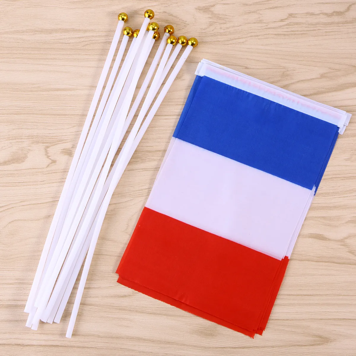 10Pcs France Hand Held Flags Mini Plastic Waving Flag 14x21cm Gold Ball Stick International Sports Fans Cheer Accessories