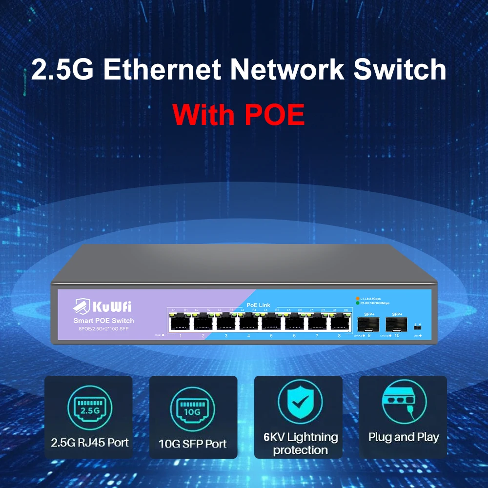 KuWFi 2.5G POE Netowrk Switch 8 Port 2.5G Ethernet 2x 10G SFP Unmanaged Plug & Play High-Speed Connectivity for IP Camera NVR