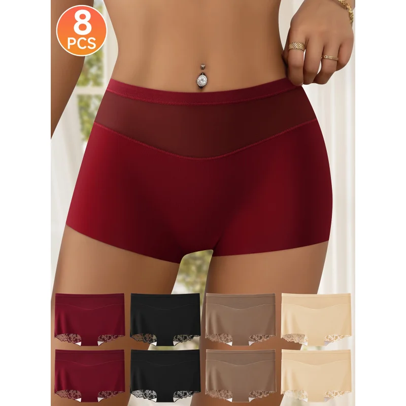 

8 шт./компл. трусы-боксеры с низкой талией и кружевом сзади и сетчатой передней частью, легкие и дышащие трусы-боксеры
